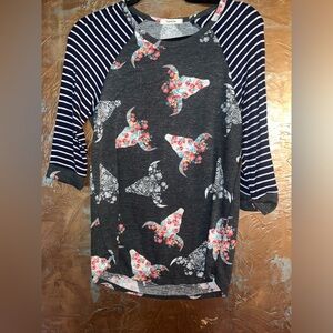 3/4 Sleeve Shirt. Cow skull floral and Aztec print